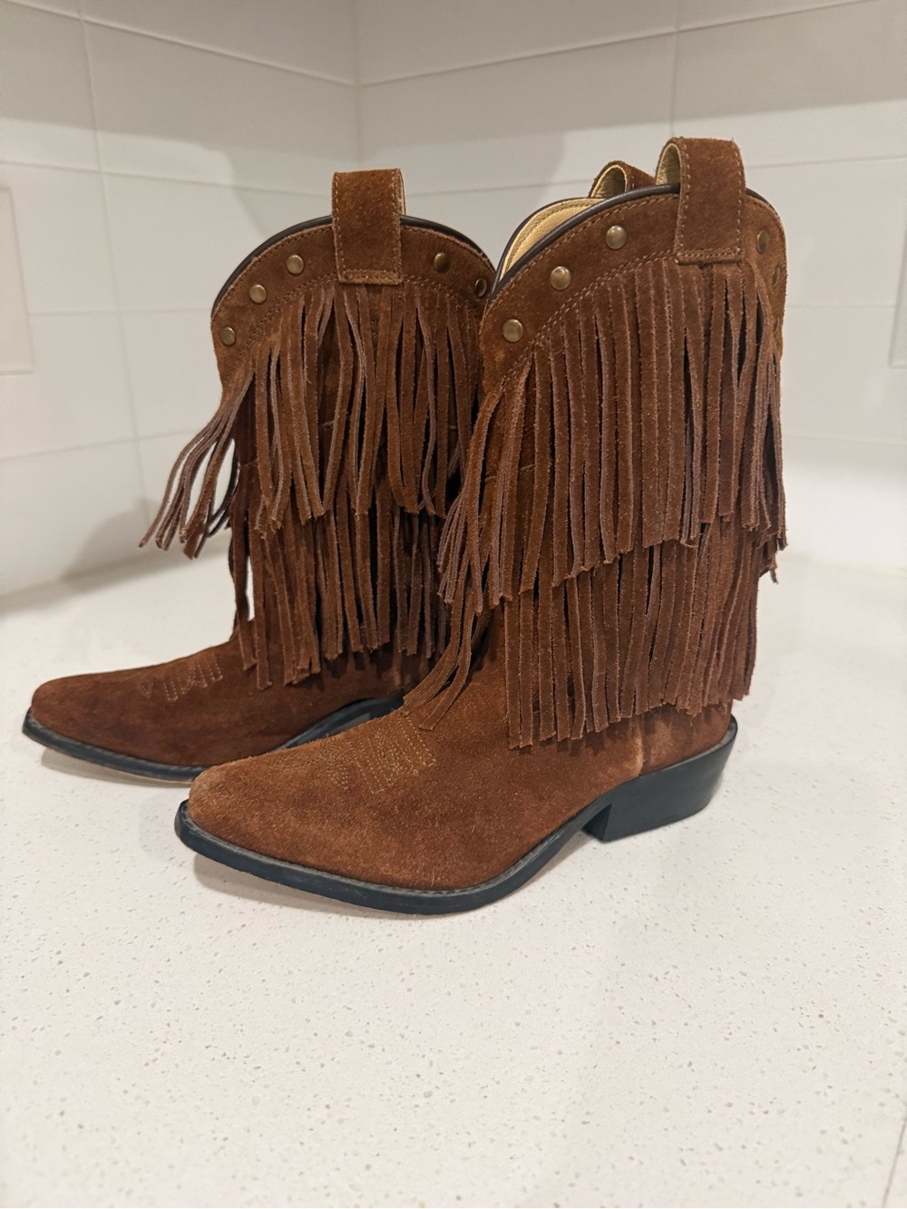 Girls Shyanne Fringed Boho Genuine Suede Western Ankle Boots in Chestnut Brown